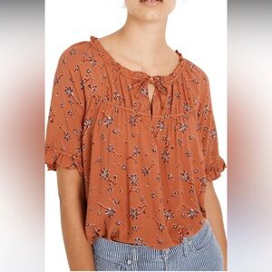Madewell Tie Neck Orange Floral Peasant Top